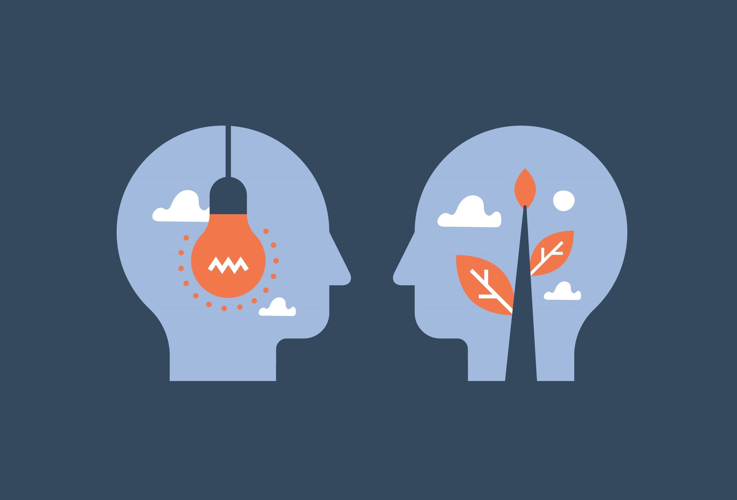 Mentorship concept, guidance and leadership, empathy and communication, face to face heads, negotiation and persuasion, common ground, emotional intelligence, vector flat illustration