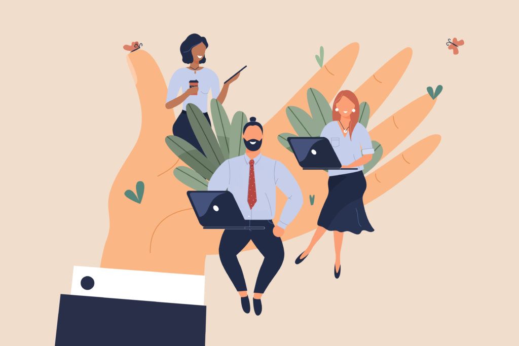 Illustration of tiny office workers sitting on huge hand. Concept of good comfortable environment at work, favorable psychological climate,high pay and freedom of creativity for employees. 