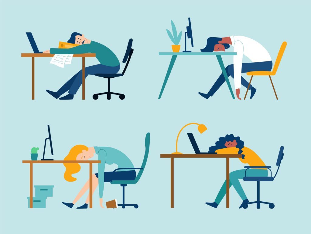 Set of four scenes showing diverse business people with Professional Burnout Syndrome asleep at their desks in the office, colored vector illustration