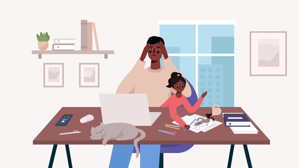 Busy stressed dad sits with a child, working from home.
