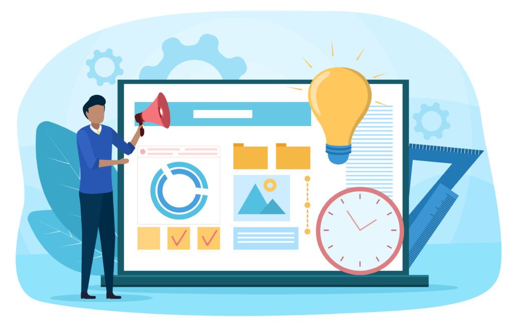 Illustration of a person holding a megaphone next to a laptop with icons representative of project management, such as a clock, charts, folders, lists, etc.