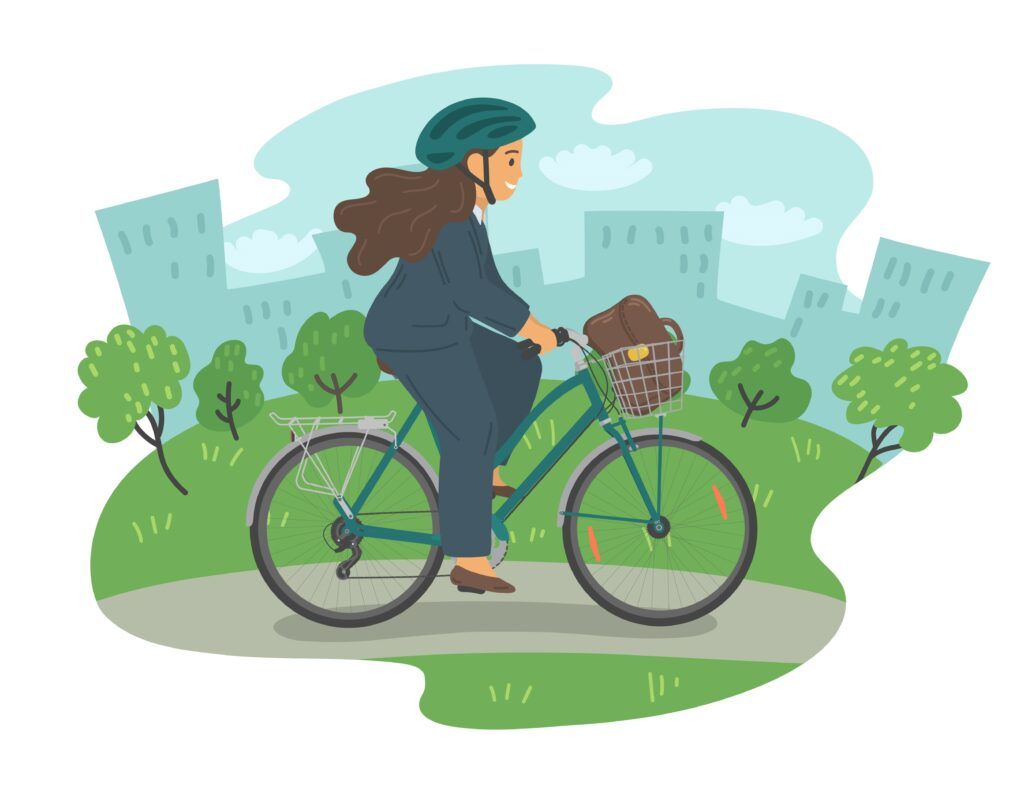 Illustration of an individual biking to work, in work attire. 